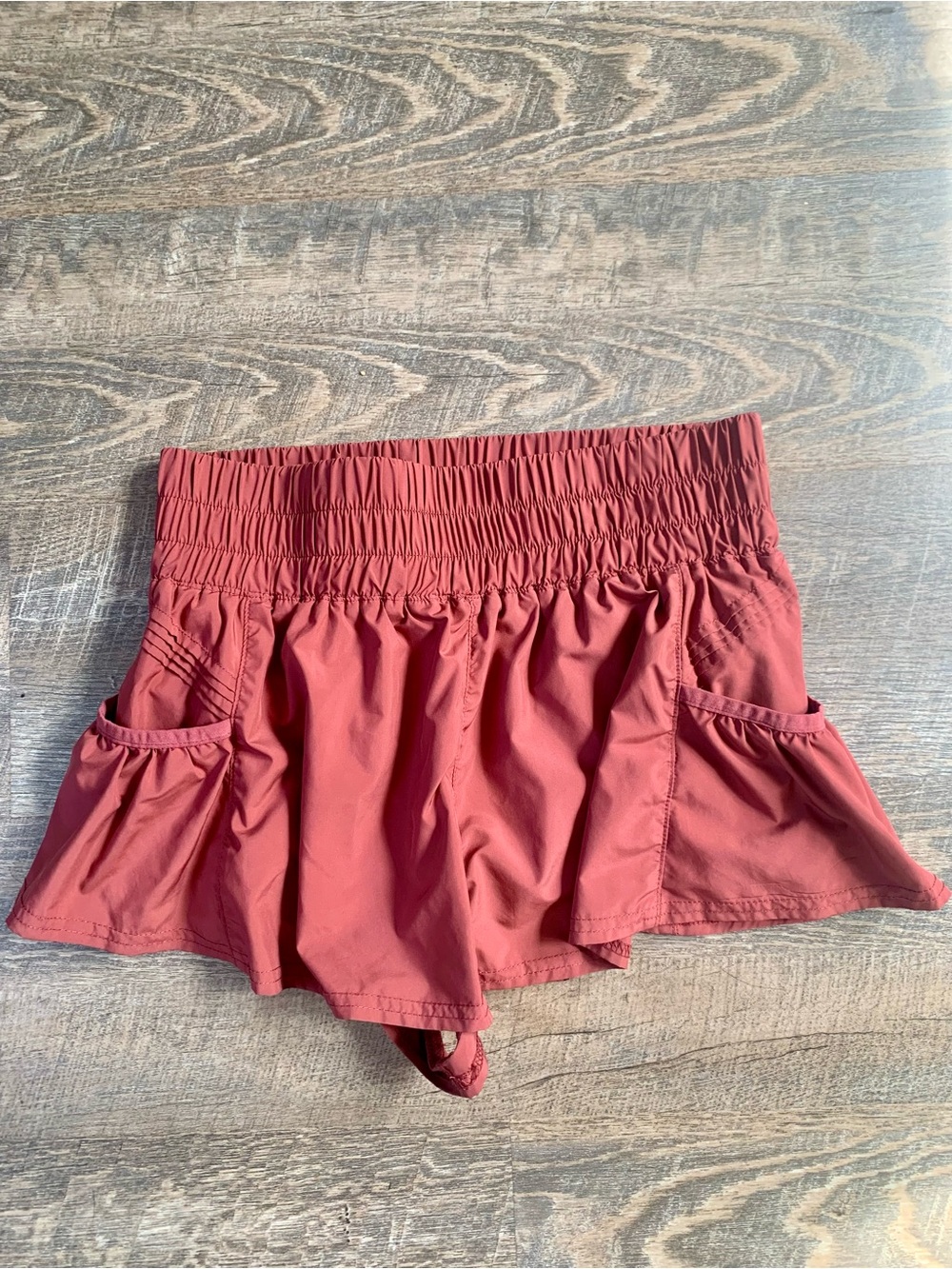 Free People High-Waist Smocked Running Gym Burgundy Active Shorts